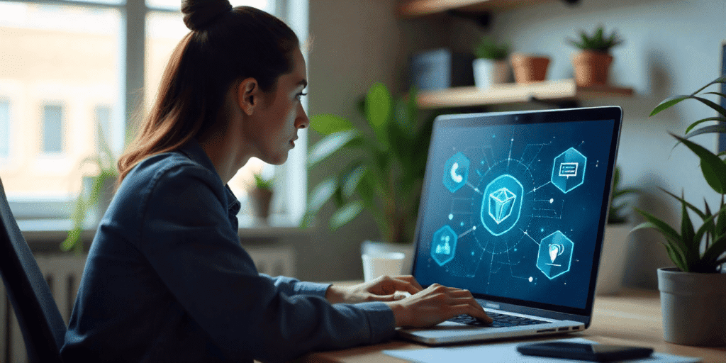 Uma pessoa usando um laptop em um café ou em casa, com ícones de trabalho digital/freelancer ao redor.