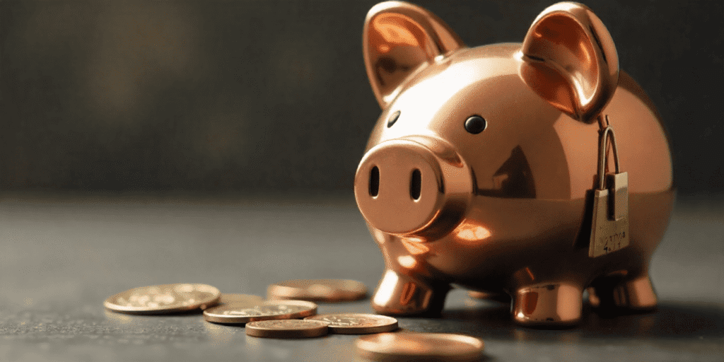 Um cofrinho (porquinho) com cadeado ou cercado por moedas, simbolizando a reserva de emergência e segurança