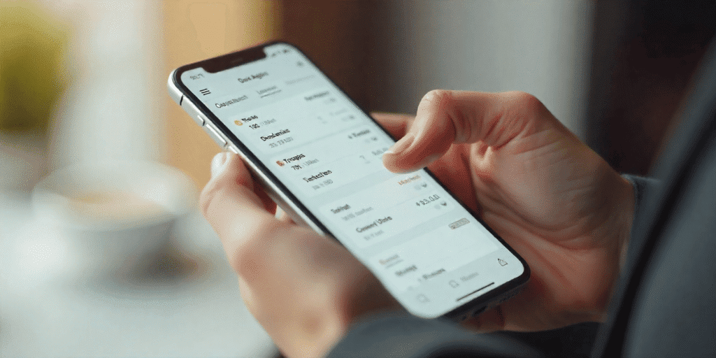 Um close-up de uma mão usando uma calculadora ou um aplicativo de finanças com um orçamento claro (planilhas/gráficos).