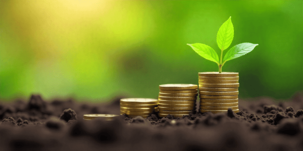 Moedas sendo colocadas em uma pequena planta ou uma representação de crescimento lento e estável (para iniciantes).