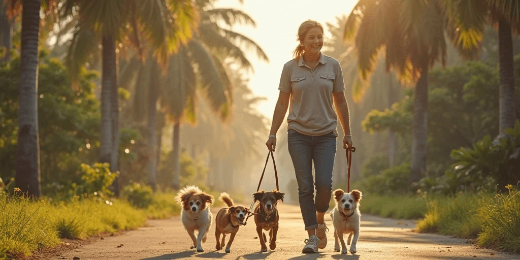 Dog walker passeando com cães em parque.
