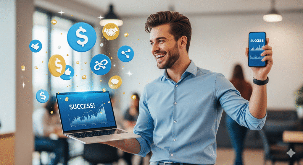 Programas de Afiliados em 2025: Como Começar do Zero e Lucrar com os Melhores do Mercado Pessoa comemorando sucesso financeiro com programas de afiliados em 2025.