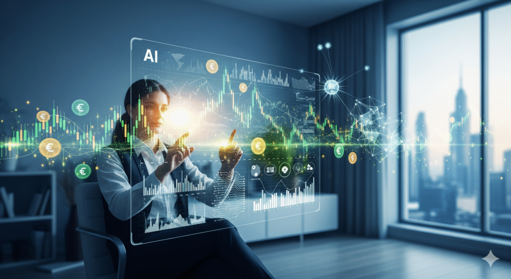 Renda Extra com Inteligência Artificial em 2025: Oportunidades Reais: Uma pessoa interage com uma interface futurista de IA que exibe gráficos financeiros, símbolos de moedas e redes neurais, representando oportunidades de renda extra com inteligência artificial.