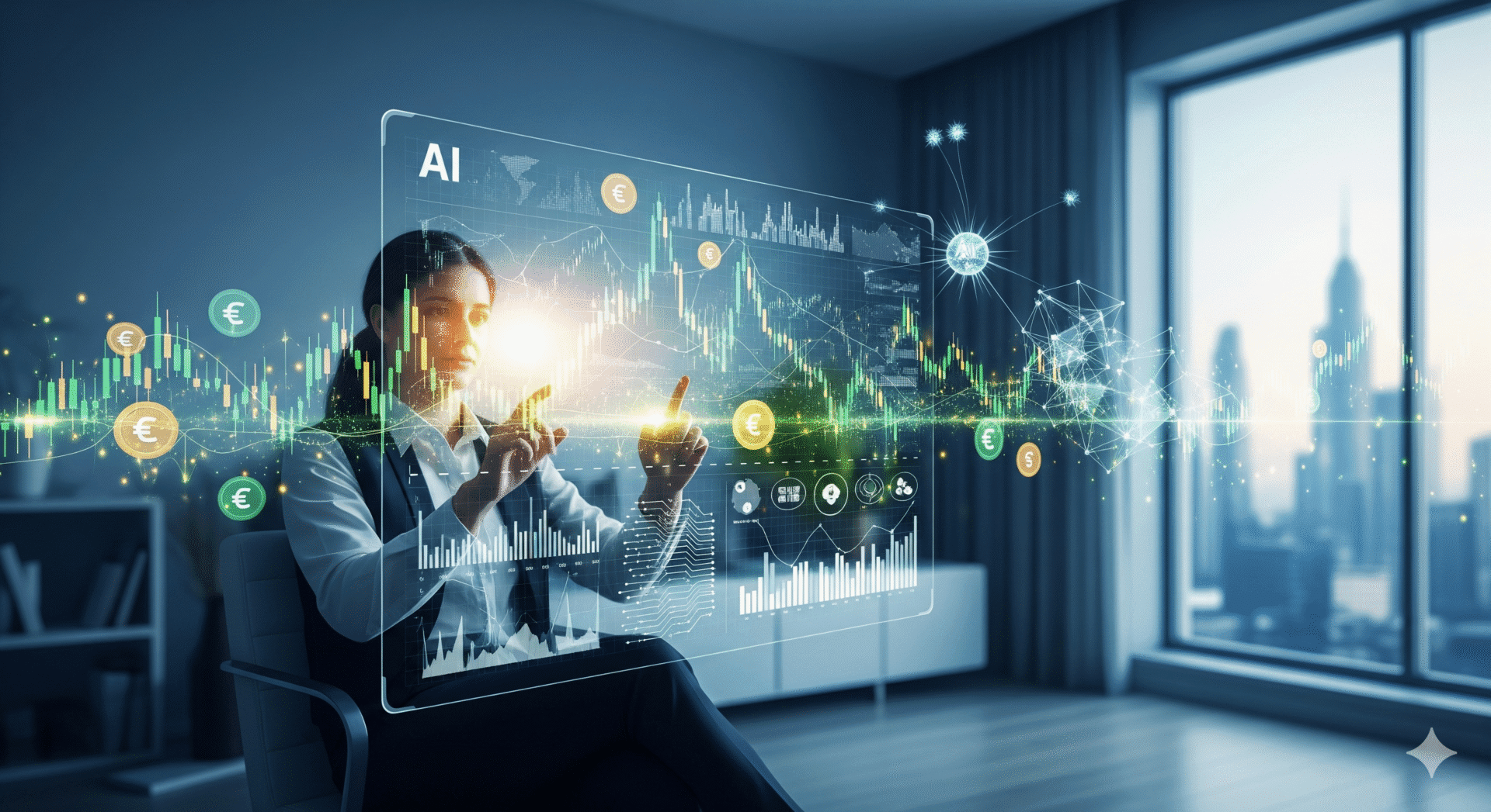 Renda Extra com Inteligência Artificial em 2025: Oportunidades Reais 22 Renda Extra com Inteligência Artificial em 2025: Oportunidades Reais: Uma pessoa interage com uma interface futurista de IA que exibe gráficos financeiros, símbolos de moedas e redes neurais, representando oportunidades de renda extra com inteligência artificial.