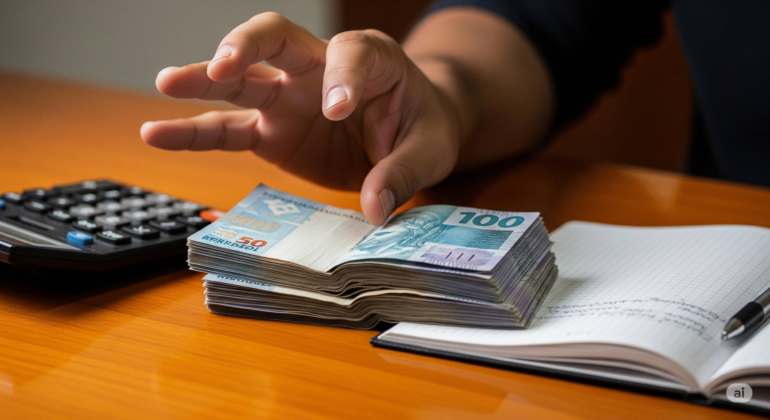INICIO 1 Uma mão contando notas de R$ 50 e R$ 100 de Reais brasileiros em uma mesa de madeira.