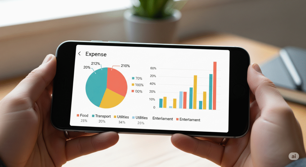 Um smartphone em uma mesa exibindo um aplicativo de 15 Melhores Aplicativos de Controle Financeiro em 2025: finanças com um gráfico de pizza para despesas e um gráfico de barras para receitas e despesas.