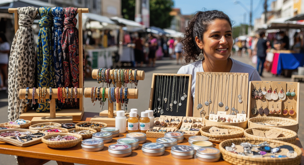 Vendedor apresentando produtos físicos para venda presencial.