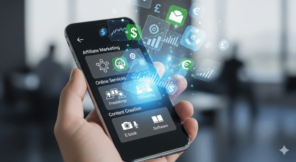 Ganhar Renda Extra no Celular em 2025: 10 Formas Práticas: Smartphone com interface futurista mostrando aplicativos de renda extra, marketing de afiliados, serviços online e criação de conteúdo. Símbolos de dinheiro flutuam ao redor.