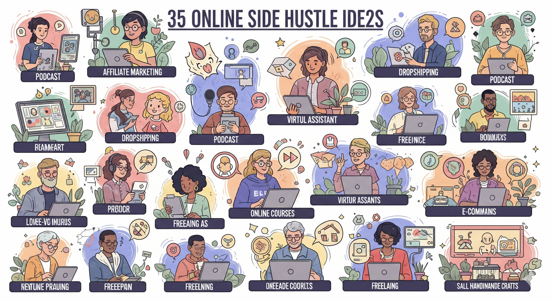 35 Ideias de Renda Extra Online em 2025 para Ganhar Dinheiro: Colagem vibrante de ilustrações mostrando pessoas diversas trabalhando com 35 ideias de renda extra online, incluindo freelas, produtos digitais, marketing de afiliados e criação de conteúdo. As cenas incluem uso de laptops e smartphones com fluxos de renda.