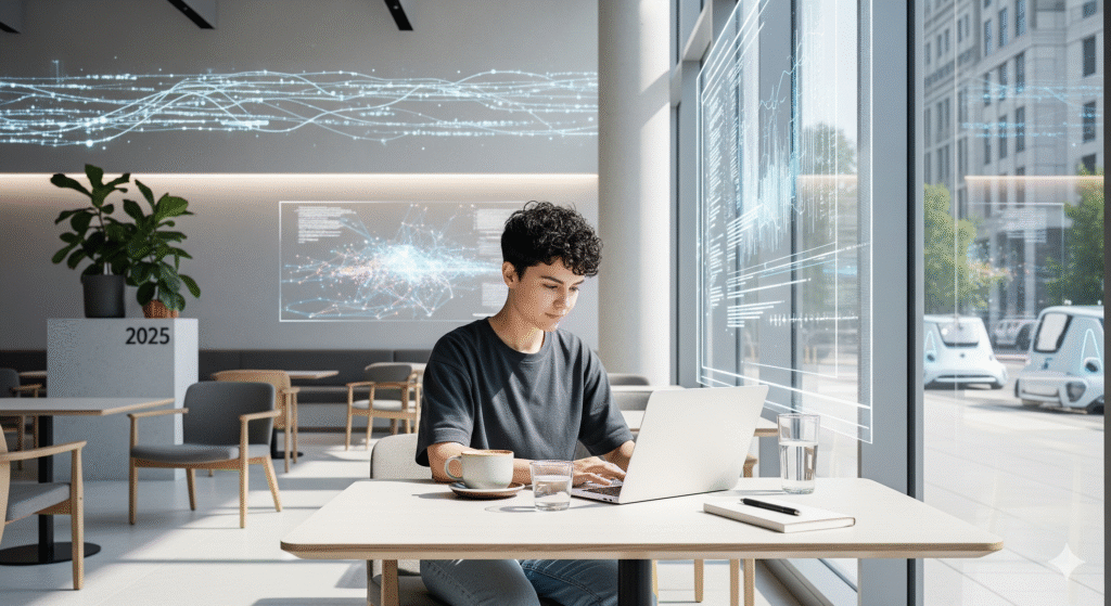Freelancer online em 2025 trabalhando remotamente em um café.
