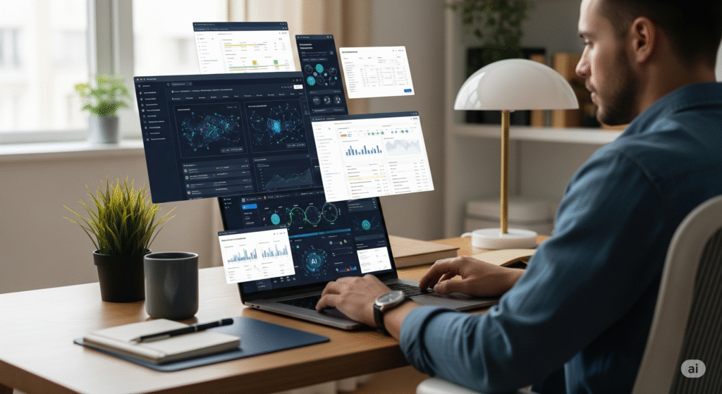 Freelancer utilizando inteligência artificial para aumentar produtividade em casa.