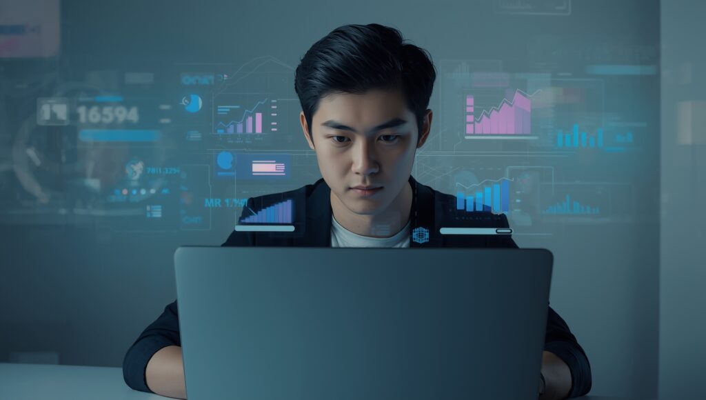 Criação de conteúdo digital com inteligência artificial no notebook.