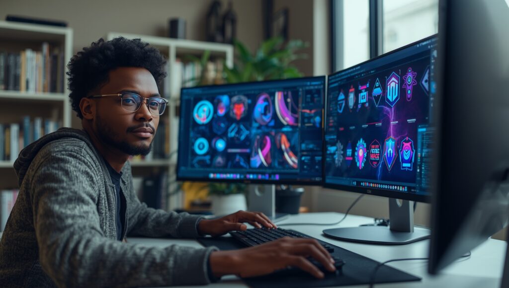 Designer criando logotipos e artes digitais com inteligência artificial.
