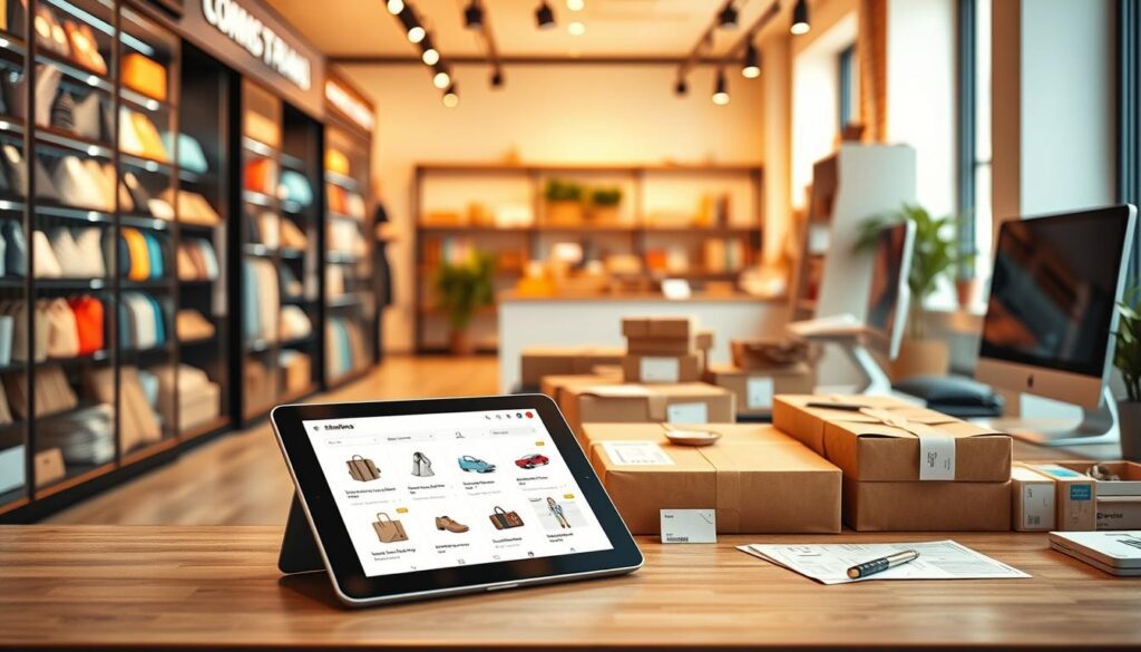 A bustling e-commerce storefront with vibrant product displays, seamless browsing interfaces, and a sleek, modern aesthetic. In the foreground, a user-friendly tablet showcases the intuitive dropshipping process, with easy-to-navigate menus and real-time inventory updates. In the middle ground, stylish product packaging and shipping materials convey a sense of quality and efficiency. The background features a clean, minimalist workspace with a desktop computer, shipping labels, and other e-commerce tools, all bathed in warm, natural lighting that creates a professional, yet inviting atmosphere. A bustling e-commerce storefront with vibrant product displays, seamless browsing interfaces, and a sleek, modern aesthetic. In the foreground, a user-friendly tablet showcases the intuitive dropshipping process, with easy-to-navigate menus and real-time inventory updates. In the middle ground, stylish product packaging and shipping materials convey a sense of quality and efficiency. The background features a clean, minimalist workspace with a desktop computer, shipping labels, and other e-commerce tools, all bathed in warm, natural lighting that creates a professional, yet inviting atmosphere.