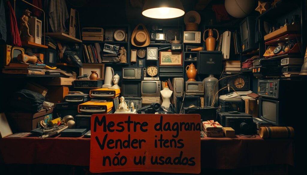 Como economizar dinheiro rápido em 2025: 15 dicas práticas 7 A cluttered table filled with an assortment of secondhand items for sale - a mix of old electronics, worn clothing, knick-knacks, and dusty trinkets. The dimly lit scene is illuminated by a single overhead lamp, casting warm, yellow-tinted shadows across the diverse wares. In the foreground, a hand-painted sign reads "Mestre dagrana - Vender itens não usados" in bold, eye-catching letters. The overall atmosphere conveys a sense of opportunity and potential savings, inviting passersby to rummage through the eclectic collection and discover hidden gems.