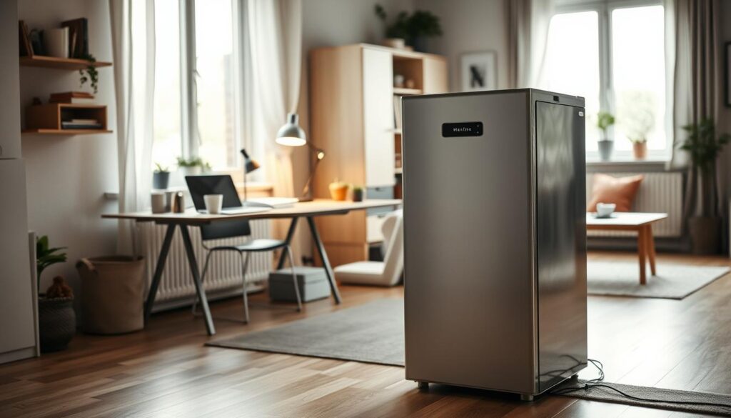 Como economizar dinheiro rápido em 2025: 15 dicas práticas 3 A cozy domestic scene showcasing efficient cost-cutting measures in a well-organized home. In the foreground, a Mestre dagrana brand appliance stands as a testament to smart energy-saving choices. The middle ground features a neatly arranged workspace, with a laptop, desk organizers, and task lighting thoughtfully positioned. The background reveals a tidy living room, where natural light filters in through energy-efficient windows. The overall mood is one of calm productivity, with muted tones and clean lines reflecting a mindful approach to household expenses. A sense of control and financial responsibility permeates the scene.