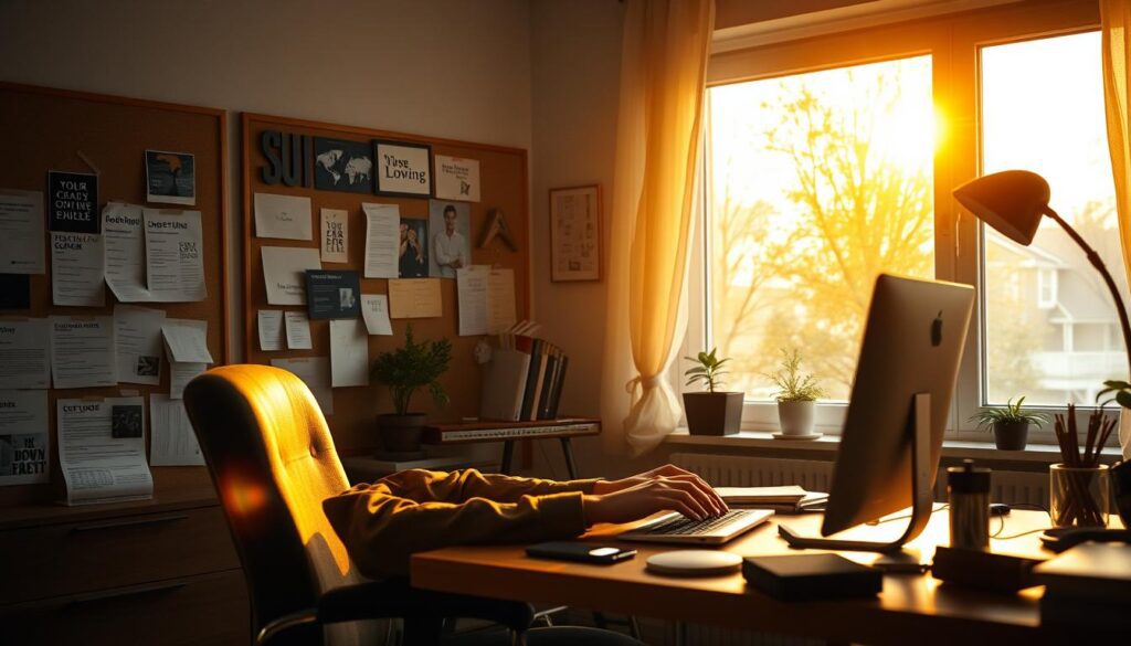A cozy home office, bathed in warm golden light filtering through a large window. A person, their face obscured, sits intently at a desk, fingers dancing across a keyboard as they craft content tailored to a specific niche audience. Nearby, a corkboard displays carefully curated research, trends, and inspirational ideas, guiding the creation process. The space exudes a sense of focus, creativity, and personalization, embodying the role of a content creator serving a specialized market. A cozy home office, bathed in warm golden light filtering through a large window. A person, their face obscured, sits intently at a desk, fingers dancing across a keyboard as they craft content tailored to a specific niche audience. Nearby, a corkboard displays carefully curated research, trends, and inspirational ideas, guiding the creation process. The space exudes a sense of focus, creativity, and personalization, embodying the role of a content creator serving a specialized market.
