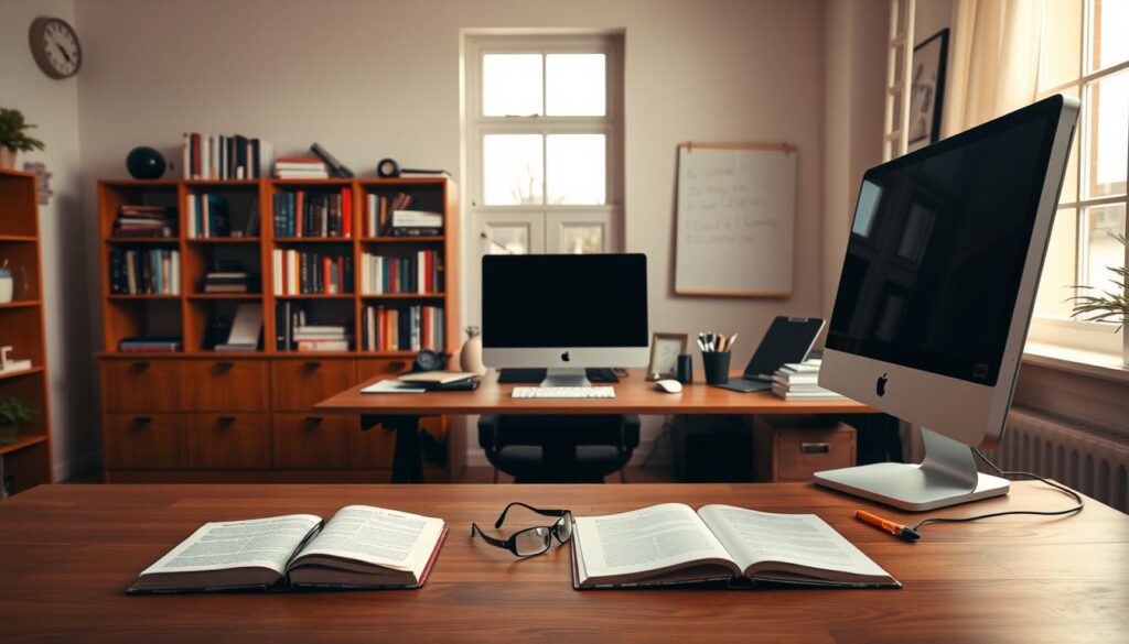 A cozy home office setting with a large wooden desk, modern computer setup, and various learning materials like books, notepads, and a pair of eyeglasses. The room is bathed in warm, diffused lighting from a large window, creating a inviting and productive atmosphere. In the background, a bookshelf filled with educational resources and a wall-mounted whiteboard provide a sense of an online learning environment. The overall scene conveys the comfort and focus of working on online educational content or infoproducts. A cozy home office setting with a large wooden desk, modern computer setup, and various learning materials like books, notepads, and a pair of eyeglasses. The room is bathed in warm, diffused lighting from a large window, creating a inviting and productive atmosphere. In the background, a bookshelf filled with educational resources and a wall-mounted whiteboard provide a sense of an online learning environment. The overall scene conveys the comfort and focus of working on online educational content or infoproducts.
