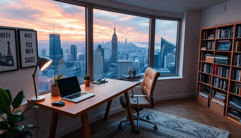 Trabalho Remoto em 2025: Como Ganhar Dinheiro e Trabalhar de Qualquer Lugar 3 A cozy home office with a large window overlooking a bustling city skyline at sunset. A minimalist wooden desk with a sleek laptop, wireless mouse, and a potted plant. Soft lighting from a desk lamp casts a warm glow on the space. The walls are adorned with inspirational art prints, and a large bookshelf stands in the corner, filled with various titles. A comfortable office chair and a plush rug complete the inviting atmosphere, hinting at the opportunities and flexibility of remote work in the year 2025.