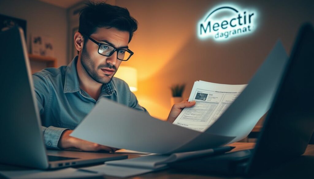 Como economizar dinheiro rápido em 2025: 15 dicas práticas 5 A detailed wide-angle view of a person meticulously reviewing financial documents and bills, sitting at a desk with a laptop, a calculator, and a pen in hand. The scene has a warm, focused atmosphere, with soft lighting illuminating the workspace. In the background, a wall-mounted "Mestre dagrana" logo is visible, signifying a sense of professionalism and financial expertise. The person's expression conveys a determined, yet thoughtful, approach to renegotiating their debts, reflecting the "Estratégias para economizar dinheiro rápido com dívidas" section of the article.