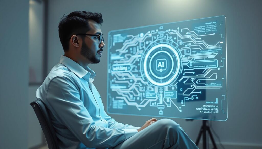 Trabalhos online em 2025 que pagam: 10 ideias práticas para ganhar dinheiro 4 A freelance AI expert, clad in a crisp white shirt and slacks, sits pensively before a sleek, holographic display. Soft, directional lighting accentuates the intricate circuits and lines of code that flicker across the screen, casting an ethereal glow on the subject's face. The background is a minimalist, futuristic office space, with clean lines and muted tones that allow the freelancer's work to take center stage. The overall atmosphere exudes a sense of innovation, intelligence, and the boundless potential of artificial intelligence in the modern workspace.