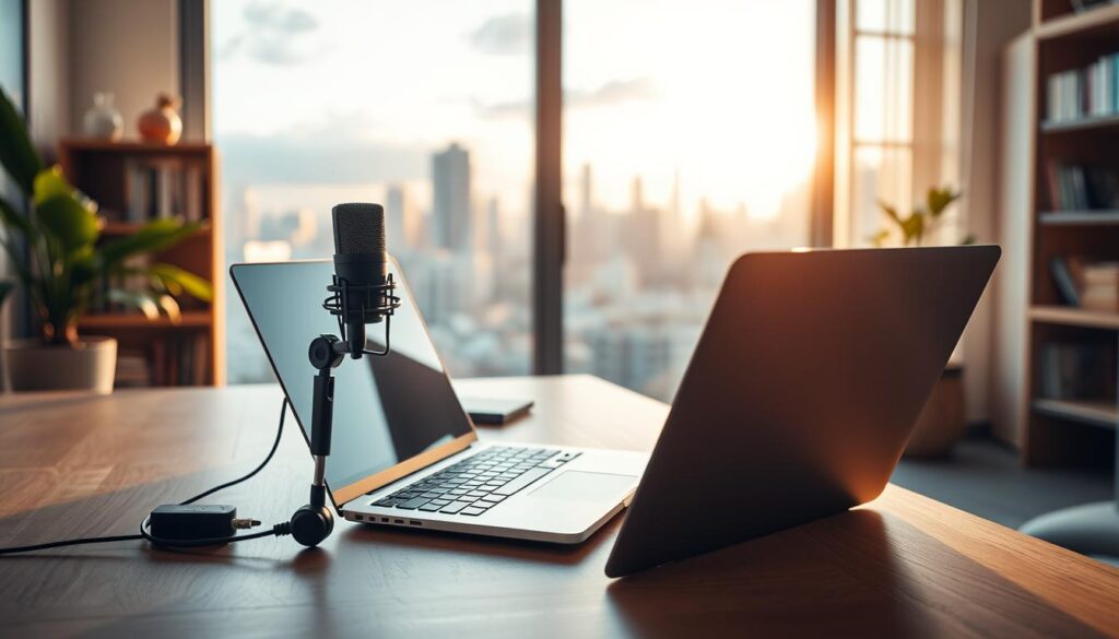 Trabalho Remoto em 2025: Como Ganhar Dinheiro e Trabalhar de Qualquer Lugar 4 A freelancer working remotely from a cozy home office, bathed in warm, natural lighting. In the foreground, a laptop with a stylish design rests on a minimalist wooden desk, complemented by a high-quality microphone and a neatly organized workspace. In the middle ground, a large window overlooks a vibrant city skyline, symbolizing the freedom and flexibility of remote work. The background features a soft, blurred bookshelf and a potted plant, creating a sense of tranquility and focus. The overall atmosphere conveys a balance of productivity, comfort, and the inspiring cityscape beyond, reflecting the "Passo a Passo para se Tornar um Freelancer de Sucesso em 2025".