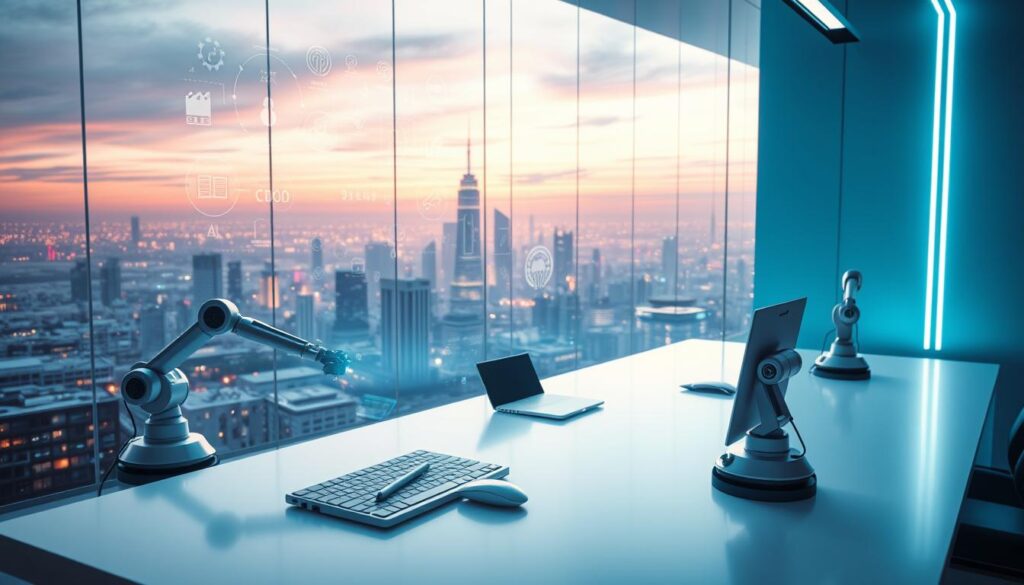 Como Automatizar Trabalhos Online com IA em 2025: Guia Prático 3 A futuristic AI-powered workspace with a sleek, minimalist design. In the foreground, a glowing holographic display hovers above a pristine white desk, showcasing various automation tools and processes. In the middle ground, robotic arms and autonomous devices work seamlessly, carrying out a variety of online tasks. The background features a panoramic view of a high-tech cityscape, with towering skyscrapers and a vibrant, neon-lit skyline. The lighting is cool and ethereal, creating a sense of efficiency and technological advancement. The overall atmosphere conveys the power and potential of AI-driven automation in transforming online work in the year 2025.