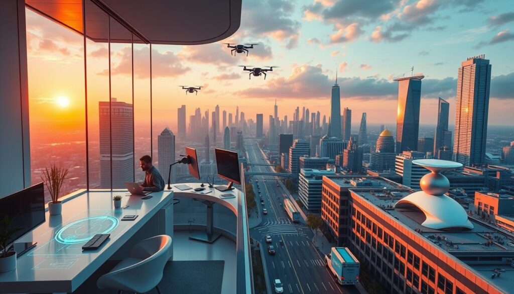 Trabalhos online em 2025 que pagam: 10 ideias práticas para ganhar dinheiro 2 A futuristic cityscape bathed in a warm, vibrant glow, showcasing the evolution of remote work in 2025. In the foreground, sleek, minimalist home offices with expansive windows overlooking the skyline. Holographic displays and touch-controlled interfaces seamlessly integrate with the modern decor. The middle ground features bustling co-working spaces, with professionals collaborating in open, airy environments. Autonomous delivery drones and self-driving vehicles navigate the streets below, serving the needs of this digitally-empowered workforce. In the background, towering skyscrapers and gleaming technological hubs, reflecting the rapid advancements that have transformed the online employment landscape. An atmosphere of productivity, innovation, and flexibility, capturing the essence of the thriving remote work ecosystem of 2025.