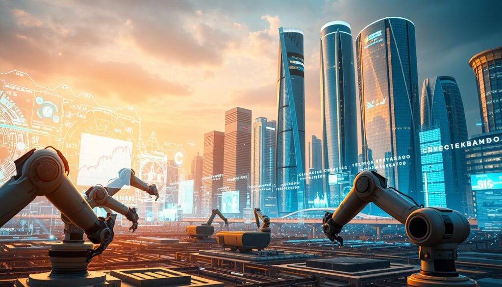 Como Automatizar Trabalhos Online com IA em 2025: Guia Prático 2 A futuristic digital landscape unfolds, bursting with dynamic automation. In the foreground, sleek robotic arms seamlessly execute complex tasks, their movements precise and efficient. The midground showcases a mesmerizing array of holographic interfaces, data streams cascading across translucent screens. In the background, towering skyscrapers of gleaming metal and glass reflect the glow of ubiquitous artificial intelligence, powering a world of seamless digital integration. Warm lighting bathes the scene, conveying a sense of progress and innovation. This vision of "automação digital 2025" captures the transformative power of intelligent automation, shaping a future where human and machine work in perfect harmony.