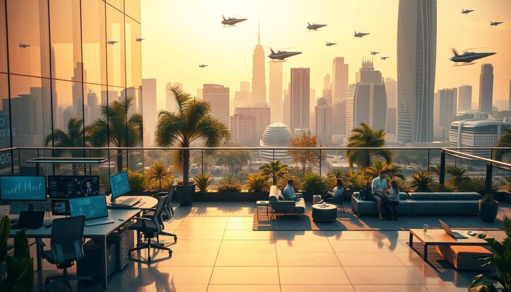 Trabalho Remoto em 2025: Como Ganhar Dinheiro e Trabalhar de Qualquer Lugar 2 A futuristic digital workplace in 2025, bathed in warm, diffused lighting. In the foreground, a glass-walled office with ergonomic workstations, holographic displays, and seamless collaboration tools. The middle ground features a serene outdoor lounge area with modular furniture, lush greenery, and workers relaxing or conversing. In the background, a gleaming city skyline with towering skyscrapers and flying autonomous vehicles. An atmosphere of innovation, productivity, and work-life balance pervades the scene, reflecting the new paradigm of remote, technology-driven employment.
