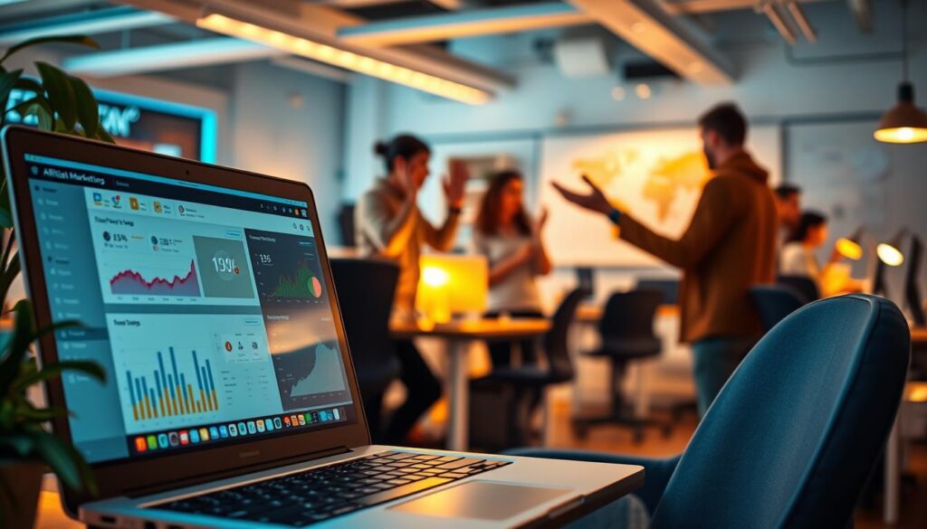 A lush, vibrant scene of affiliate marketing in action. In the foreground, a laptop displays an affiliate dashboard, surrounded by colorful icons and analytics data. In the middle ground, a person gestures enthusiastically while discussing strategies with a colleague. The background depicts a bustling office environment, with desks, whiteboards, and motivated professionals collaborating. Warm, indirect lighting casts a soft glow, creating an atmosphere of productivity and success. The overall composition conveys the timeless appeal and dynamic nature of affiliate marketing, a classic yet thriving online business model. A lush, vibrant scene of affiliate marketing in action. In the foreground, a laptop displays an affiliate dashboard, surrounded by colorful icons and analytics data. In the middle ground, a person gestures enthusiastically while discussing strategies with a colleague. The background depicts a bustling office environment, with desks, whiteboards, and motivated professionals collaborating. Warm, indirect lighting casts a soft glow, creating an atmosphere of productivity and success. The overall composition conveys the timeless appeal and dynamic nature of affiliate marketing, a classic yet thriving online business model.
