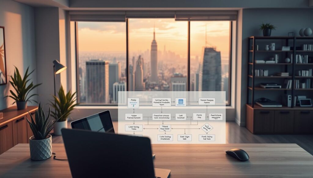 Trabalhos online em 2025 que pagam: 10 ideias práticas para ganhar dinheiro 6 A modern office interior with minimalist design and clean lines. In the foreground, a desk with a laptop, mouse, and a succulent plant. On the desk, a diagram depicting a no-code development platform with intuitive drag-and-drop interfaces and visual programming tools. The middle ground features a large window overlooking a bustling city skyline, bathed in warm, natural lighting. In the background, shelves filled with books and tech gadgets, hinting at the developer's passion for innovation and automation. The overall atmosphere is one of productivity, creativity, and a sense of empowerment in creating digital solutions without traditional coding.