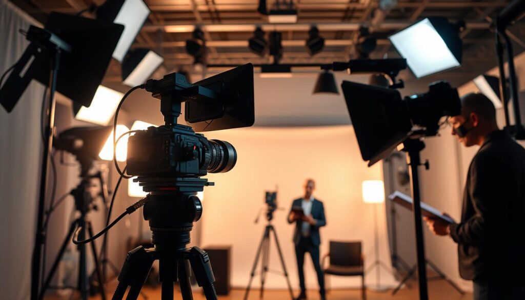 Curso Online em 2025: Passo a Passo para Criar, Vender e Lucrar 5 A professional production studio setting, featuring a dynamic video recording setup. In the foreground, a high-end camera on a tripod, its lens carefully focused on the subject. Surrounding it, an array of lighting equipment - softboxes, reflectors, and studio flashes - creating a warm, cinematic atmosphere. In the middle ground, a camera operator diligently adjusts the settings, while a director oversees the proceedings, clipboard in hand. In the background, a seamless backdrop in a neutral color, allowing the subject to stand out. The overall scene conveys a sense of technical expertise, attention to detail, and the pursuit of visual excellence - the hallmarks of professional video production.
