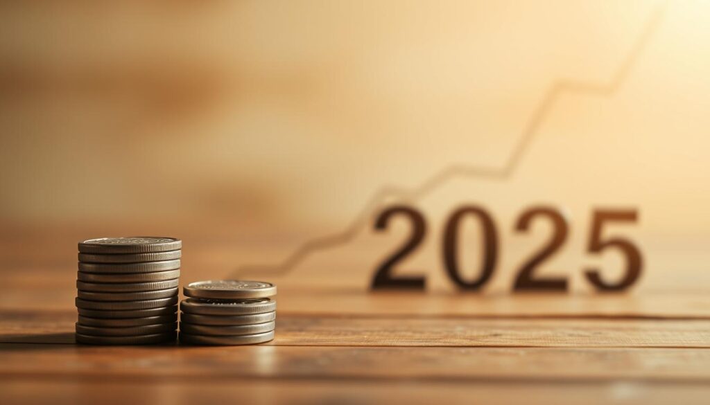 Investir pouco dinheiro em 2025: opções seguras e rentáveis 3 A serene financial landscape in 2025, showcasing a small stack of coins resting on a wooden surface, illuminated by soft, natural lighting. In the foreground features the coins, subtly reflecting the light and casting delicate shadows. In the middle ground, a minimalist graph or chart visualizes steady, sustainable growth, hinting at the potential of modest investments. The background blurs into a warm, neutral palette, conveying a sense of stability and security. The overall composition evokes a feeling of prudent, yet rewarding, financial strategies for the year ahead.