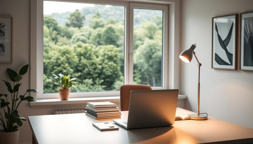 Renda Extra com Inteligência Artificial em 2025: 7 Ideias Práticas para Iniciantes 4 A serene home office with a large window overlooking a lush, verdant landscape. On the desk, a modern laptop and a stylish desk lamp illuminate a stack of books and papers. The walls are adorned with minimalist artwork, creating a calming and focused atmosphere. The lighting is soft and diffused, casting a warm glow throughout the room. A potted plant on the windowsill adds a touch of nature, complementing the overall tranquil ambiance. The scene conveys a sense of passive income generation through the intelligent use of artificial intelligence, as the subject engages in focused work and study.