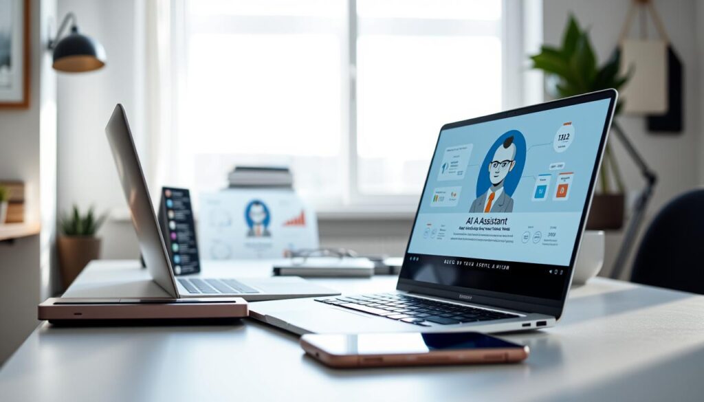 A serene, modern office setting with a laptop, smartphone, and AI assistant avatar on the screen, representing the integration of digital and automated income streams. Soft, natural lighting from a large window illuminates the scene, conveying a sense of productivity and innovation. The desk is organized, with a minimalist aesthetic, suggesting efficiency and focus. The AI assistant's interface displays simple visualizations, charts, and workflow diagrams, hinting at the power of AI-driven tools for generating passive income. An air of calm concentration and forward-thinking permeates the environment, reflecting the potential of AI-enabled digital revenue streams. A serene, modern office setting with a laptop, smartphone, and AI assistant avatar on the screen, representing the integration of digital and automated income streams. Soft, natural lighting from a large window illuminates the scene, conveying a sense of productivity and innovation. The desk is organized, with a minimalist aesthetic, suggesting efficiency and focus. The AI assistant's interface displays simple visualizations, charts, and workflow diagrams, hinting at the power of AI-driven tools for generating passive income. An air of calm concentration and forward-thinking permeates the environment, reflecting the potential of AI-enabled digital revenue streams.