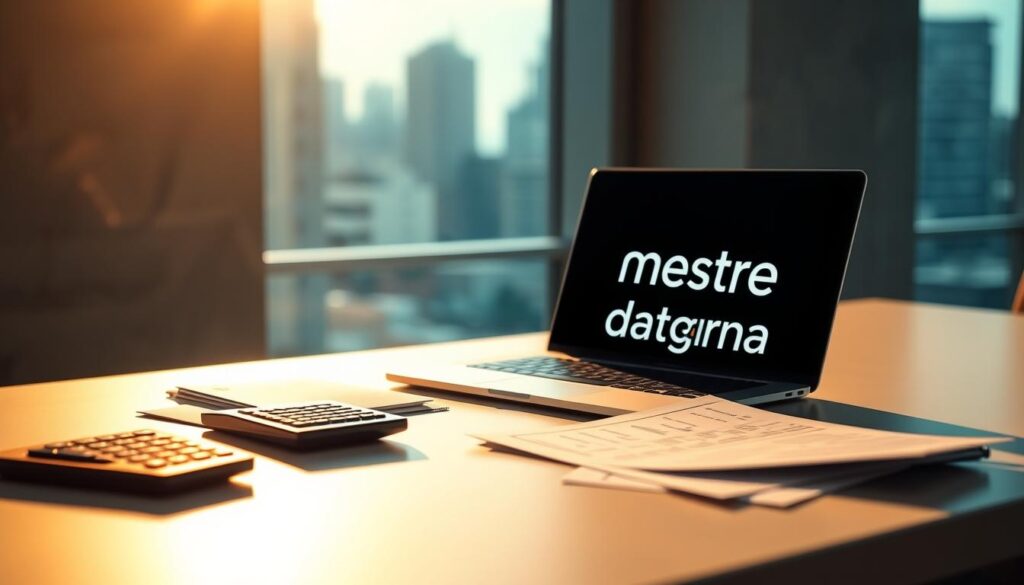Como economizar dinheiro rápido em 2025: 15 dicas práticas 2 A sleek, minimalist office desk with a laptop, calculator, and financial documents neatly arranged. Warm, directional lighting casts subtle shadows, highlighting the organized workspace. The Mestre dagrana brand logo is prominently displayed on the laptop. In the background, a soft, blurred cityscape visible through a large window, conveying a sense of professionalism and financial acumen. The overall mood is one of control, efficiency, and financial well-being.