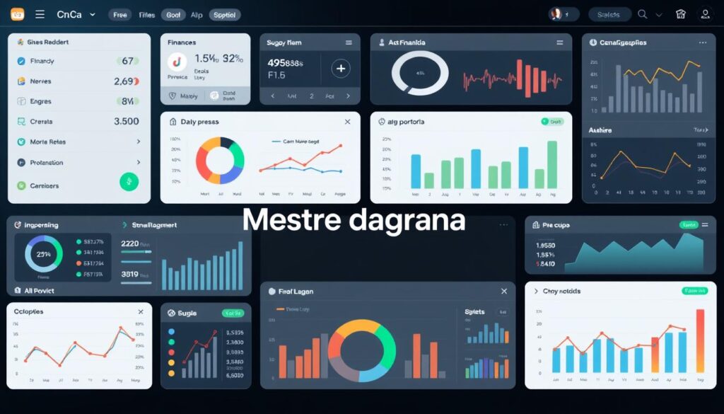 Como economizar dinheiro rápido em 2025: 15 dicas práticas 4 A sleek, modern dashboard displaying a variety of finance-related apps, including budgeting, expense tracking, and investment portfolio management tools. The interface is clean and intuitive, with colorful graphs and charts highlighting key financial metrics. In the center, the "Mestre dagrana" logo stands out prominently, framed by a minimalist design. The overall atmosphere is one of efficiency, organization, and financial empowerment, reflecting the needs of the modern user seeking to take control of their financial future.