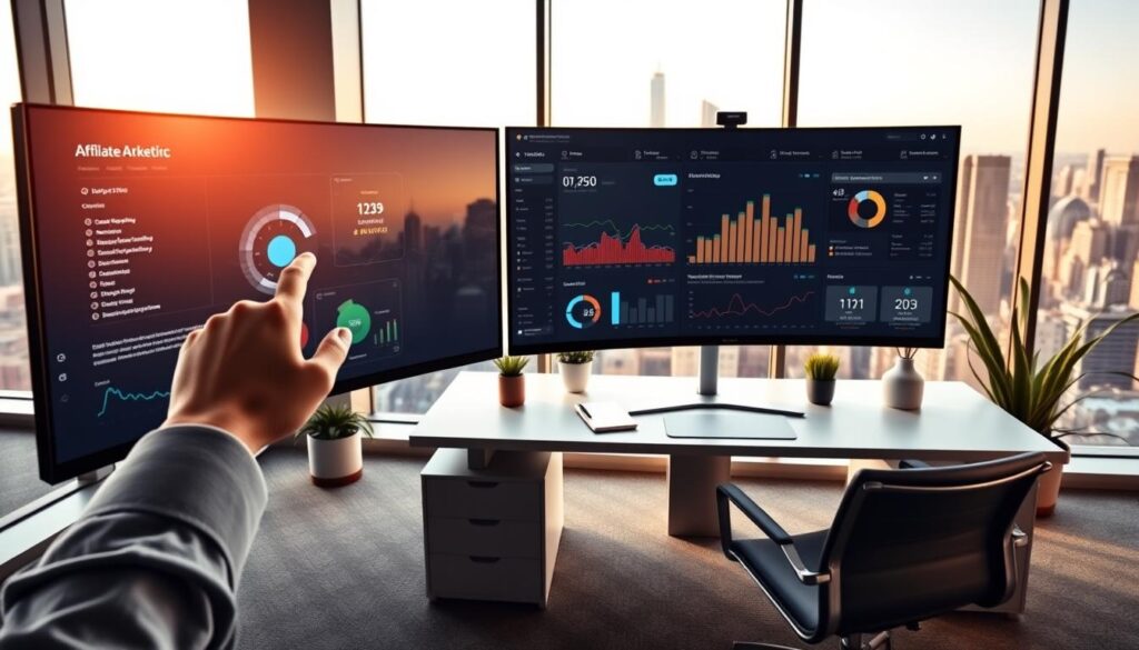 Ganhe Dinheiro Usando Inteligência Artificial: Ferramentas Essenciais 2025 5 A sleek, modern office setting with a large, curved monitor displaying an affiliate marketing dashboard powered by artificial intelligence. The foreground features a hand manipulating the AI-driven analytics, while the middle ground showcases a well-organized workspace with a minimalist desk, ergonomic chair, and potted plants. The background depicts a panoramic city skyline through large windows, bathed in warm, natural lighting. The scene conveys a sense of productivity, innovation, and the seamless integration of AI technology into the affiliate marketing workflow.