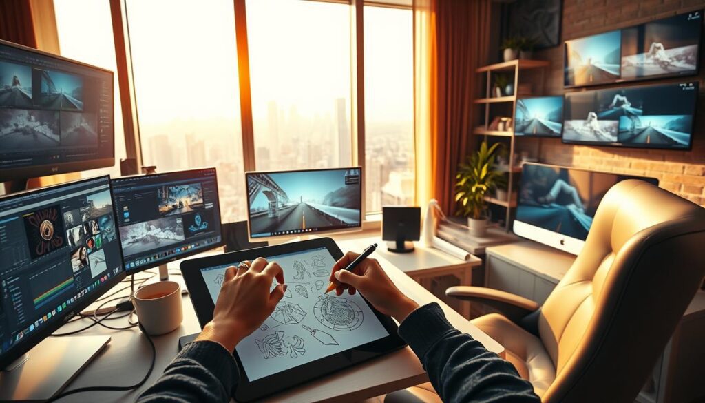 A vibrant digital workspace, filled with creativity and inspiration. In the foreground, a person's hands skillfully manipulate a digital drawing tablet, creating intricate illustrations and designs. Surrounding them, an array of screens display various content creation tools - from video editing software to 3D modeling applications. The mid-ground features a clutter-free desk with a sleek, modern computer, a cup of coffee, and a cozy, minimalist office chair. In the background, a large window overlooks a bustling cityscape, bathed in warm, natural light that casts a soft glow over the entire scene. The atmosphere is one of focus, productivity, and the joy of crafting digital masterpieces. A vibrant digital workspace, filled with creativity and inspiration. In the foreground, a person's hands skillfully manipulate a digital drawing tablet, creating intricate illustrations and designs. Surrounding them, an array of screens display various content creation tools - from video editing software to 3D modeling applications. The mid-ground features a clutter-free desk with a sleek, modern computer, a cup of coffee, and a cozy, minimalist office chair. In the background, a large window overlooks a bustling cityscape, bathed in warm, natural light that casts a soft glow over the entire scene. The atmosphere is one of focus, productivity, and the joy of crafting digital masterpieces.