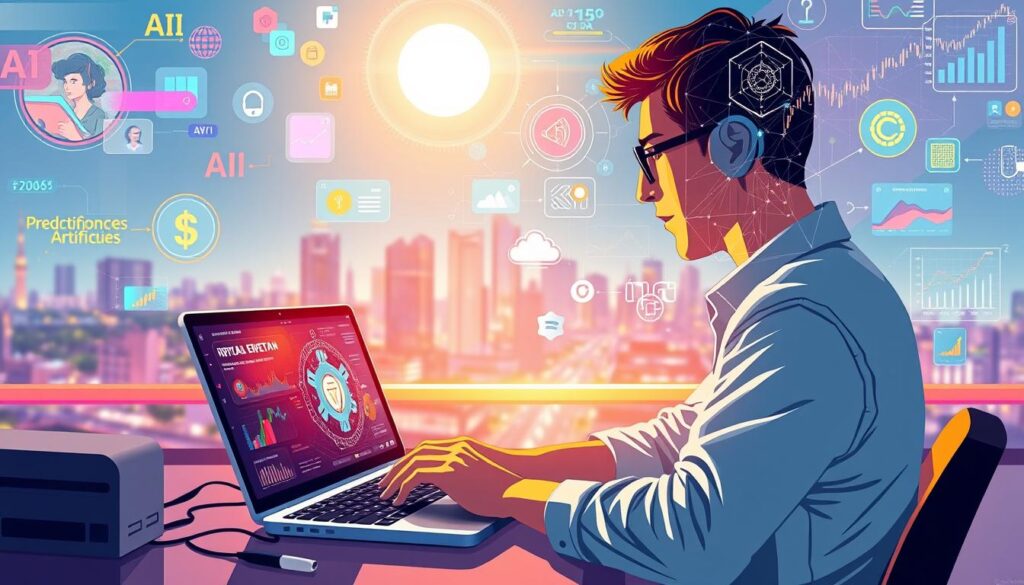 Renda Extra com Inteligência Artificial em 2025: 7 Ideias Práticas para Iniciantes 3 A vibrant, dynamic illustration showcasing "Renda Extra com Inteligência Artificial". In the foreground, a person sits at a desk, intently focused on a laptop screen displaying futuristic AI visualizations. Colorful data streams and holographic interfaces surround them, highlighting the power of AI-driven income generation. In the middle ground, various income-generating AI applications are depicted, such as virtual assistants, predictive analytics tools, and automated trading platforms. The background features a cityscape, hinting at the broader economic opportunities that AI can unlock. The scene is bathed in a warm, optimistic glow, conveying the potential for AI to empower individuals to create additional income streams. The overall composition suggests a harmonious integration of human ingenuity and cutting-edge technology.