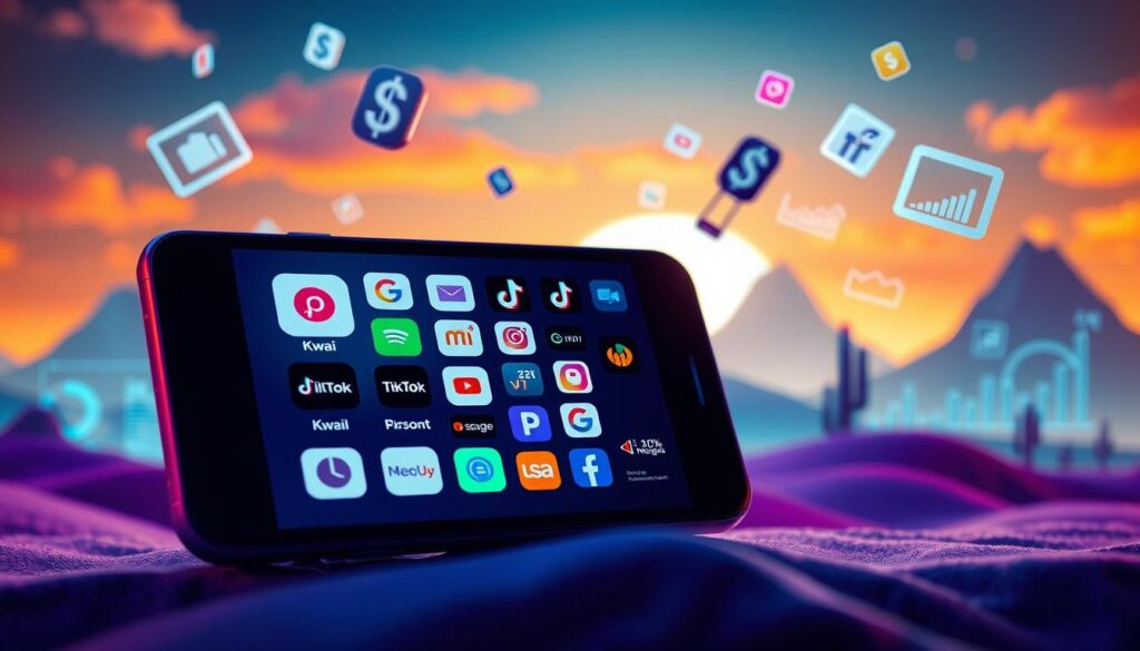 A vibrant, dynamic scene depicting the concept of "monetização de conteúdo". In the foreground, a smartphone or tablet displays a variety of social media platforms, each representing different content monetization opportunities - Kwai, TikTok, and more. The background features a stylized landscape with digital elements, such as floating currency symbols, graphs, and analytics dashboards, symbolizing the data-driven nature of modern content monetization. The lighting is crisp and modern, with a mixture of warm and cool tones to convey a sense of technological innovation. The overall composition is visually striking, with a balance of digital and organic elements, hinting at the synergy between creativity and commercialization in the world of online content. A vibrant, dynamic scene depicting the concept of "monetização de conteúdo". In the foreground, a smartphone or tablet displays a variety of social media platforms, each representing different content monetization opportunities - Kwai, TikTok, and more. The background features a stylized landscape with digital elements, such as floating currency symbols, graphs, and analytics dashboards, symbolizing the data-driven nature of modern content monetization. The lighting is crisp and modern, with a mixture of warm and cool tones to convey a sense of technological innovation. The overall composition is visually striking, with a balance of digital and organic elements, hinting at the synergy between creativity and commercialization in the world of online content.
