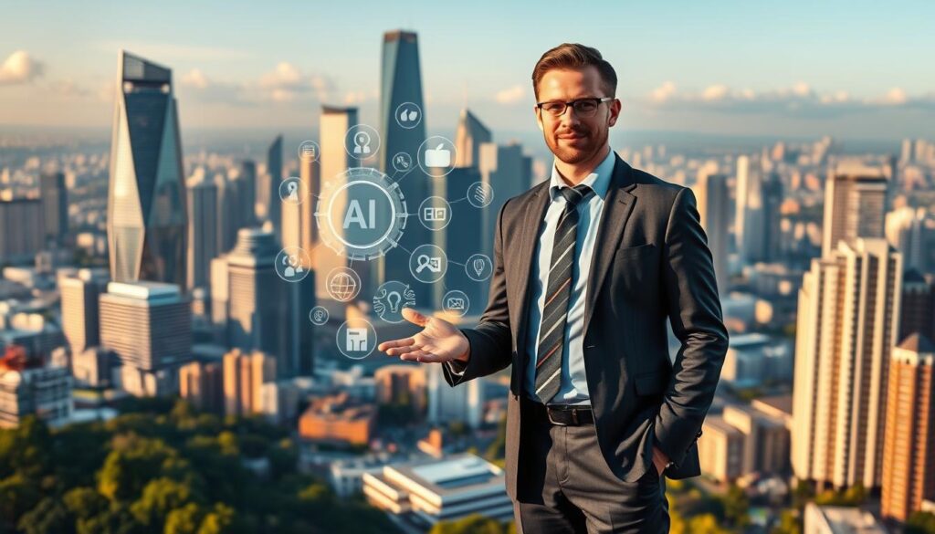 Ganhe Dinheiro Usando Inteligência Artificial: Ferramentas Essenciais 2025 3 A vibrant, futuristic cityscape with towering skyscrapers and a bustling metropolis in the background. In the foreground, a well-dressed businessperson stands confidently, gesturing towards a glowing holographic display that showcases various AI-powered business tools and applications. The scene is bathed in a warm, golden light, conveying a sense of prosperity and innovation. The overall composition suggests the vast potential of monetizing artificial intelligence in the modern business landscape.