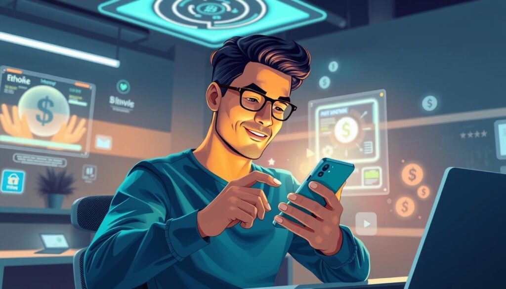 Renda Extra com Inteligência Artificial em 2025: 7 Ideias Práticas para Iniciantes 5 A vibrant, modern illustration depicting a person effortlessly earning money using a smartphone. The scene features a confident individual in a minimalist, futuristic workspace, surrounded by holographic interfaces and glowing digital elements. The lighting is soft and warm, creating a sense of productivity and innovation. The composition emphasizes the smartphone as the central focus, with the user's hands confidently navigating the device's intuitive interface. The overall mood conveys a sense of ease, empowerment, and the promise of a prosperous future enabled by the latest advancements in mobile technology.