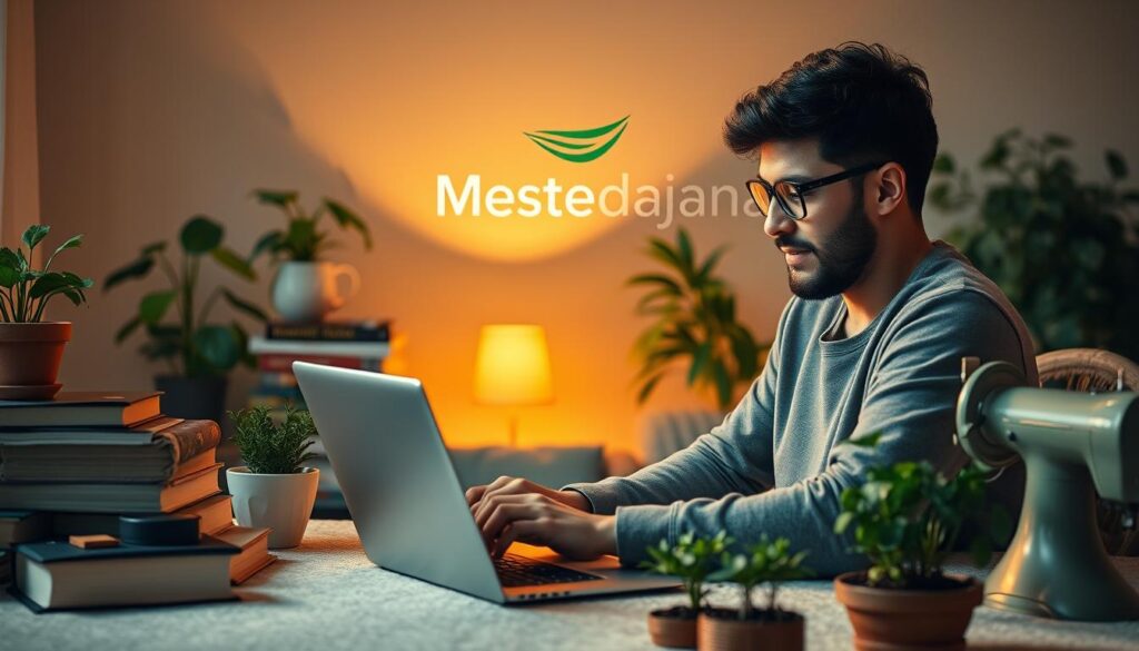Como economizar dinheiro rápido em 2025: 15 dicas práticas 6 A vibrant scene of a person working on a laptop, surrounded by various sources of additional income - a potted plant, a stack of books, a sewing machine, and a small home-grown vegetable garden. The lighting is warm and cozy, creating a comfortable and productive atmosphere. In the background, a subtle Mestre dagrana logo suggests a brand associated with supplementary earnings. The overall composition conveys a sense of diligence, resourcefulness, and the potential for financial growth.