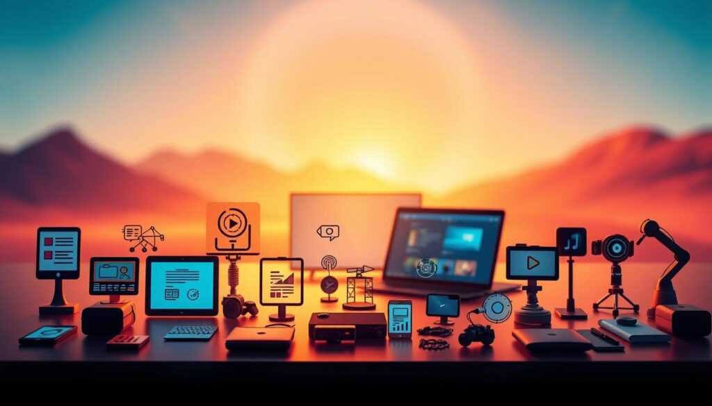 Ganhe Dinheiro Usando Inteligência Artificial: Ferramentas Essenciais 2025 4 A vibrant, well-lit scene showcasing a variety of AI content creation tools. In the foreground, an assortment of stylized digital devices and icons representing AI-powered writing assistants, image generators, video editors, and other multimedia tools. The middle ground features a smooth, minimalist workspace with a laptop, tablet, and other peripherals, all bathed in a warm, inviting glow. The background subtly blurs into an abstract, futuristic landscape, hinting at the endless possibilities of AI-driven content creation. The overall composition conveys a sense of technological sophistication, creative potential, and the smooth integration of AI into the modern workflow.
