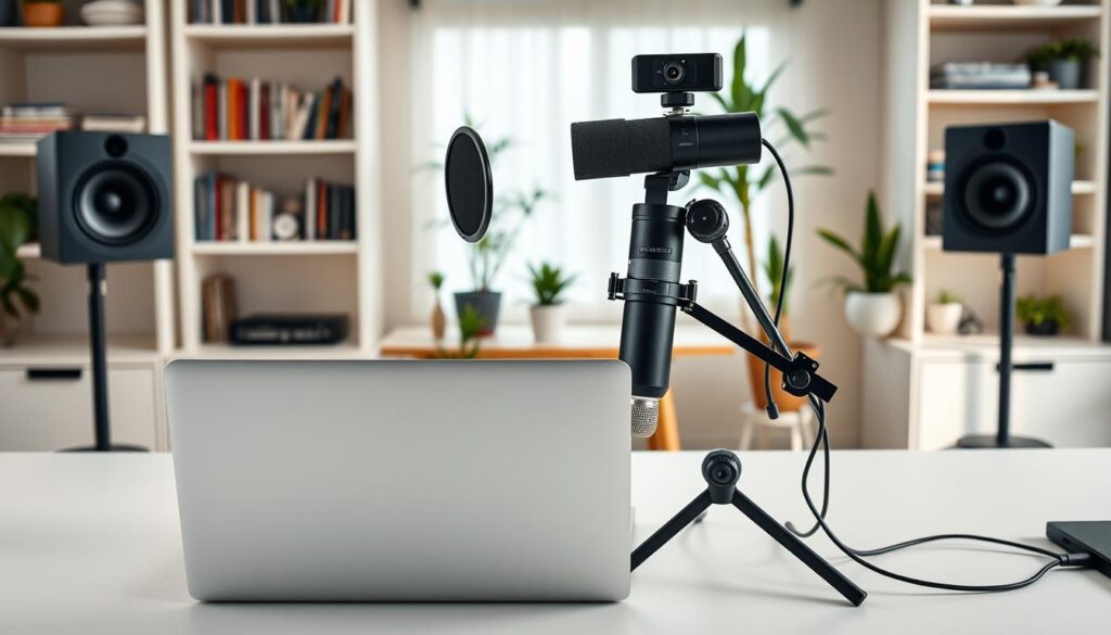 Curso Online em 2025: Passo a Passo para Criar, Vender e Lucrar 4 A well-lit, high-resolution image of a modern home office setup with a laptop, microphone, camera, and other essential equipment for producing an online course. The foreground features a clean, minimalist desk with a sleek silver laptop, a high-quality condenser microphone, and a 4K webcam on a flexible mount. In the middle ground, a pair of studio monitor speakers flank the desk, while the background showcases stylish bookshelves and potted plants, creating a warm, productivity-focused atmosphere. The overall scene conveys a professional, technology-driven environment suitable for creating high-quality online educational content.