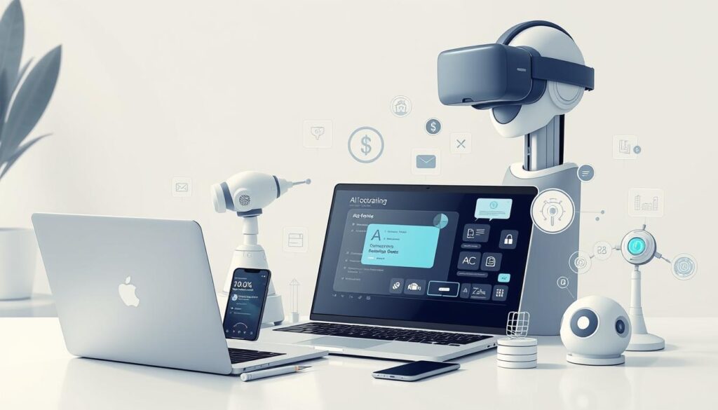 Ganhe Dinheiro Usando Inteligência Artificial: Ferramentas Essenciais 2025 2 Detailed digital illustration of a collection of AI tools and technologies for generating additional income, including a laptop, smartphone, AR/VR headset, chatbot interface, and various AI software icons. The scene is set in a modern, minimalist workspace with clean lines, neutral tones, and soft lighting, conveying a sense of productivity and professionalism. The composition highlights the potential of AI-powered tools to enable new revenue streams and financial opportunities in the year 2025.