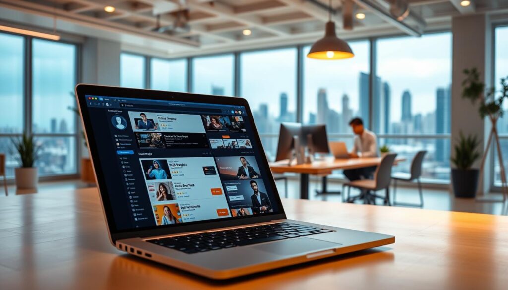 Freelance work platforms, a vibrant digital marketplace where freelancers showcase their skills. In the foreground, a well-lit, high-resolution image of a laptop displaying various freelance job listings. The middle ground features a clean, modern office space with minimalist decor, abundant natural light, and a focused individual working intently. The background depicts a bustling city skyline, symbolizing the global reach and opportunities of the freelance economy. The overall atmosphere conveys a sense of productivity, innovation, and the boundless potential of leveraging online platforms to earn a sustainable income. Freelance work platforms, a vibrant digital marketplace where freelancers showcase their skills. In the foreground, a well-lit, high-resolution image of a laptop displaying various freelance job listings. The middle ground features a clean, modern office space with minimalist decor, abundant natural light, and a focused individual working intently. The background depicts a bustling city skyline, symbolizing the global reach and opportunities of the freelance economy. The overall atmosphere conveys a sense of productivity, innovation, and the boundless potential of leveraging online platforms to earn a sustainable income.