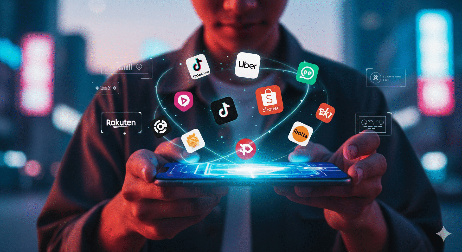 8 Apps para Ganhar Dinheiro em 2025 | Guia Completo de Renda Extra 6 Pessoa usando celular com ícones de aplicativos para ganhar dinheiro em 2025.